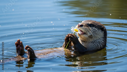Adorable otter floats on its back in blue water holding a daisy
