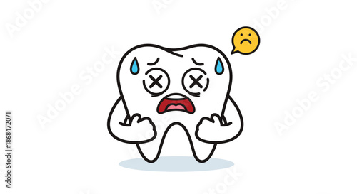 Cute cartoon illustration of a sad tooth with sweat drops and a grumpy thought bubble representing dental pain or decay.