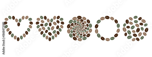 Heart shape and Round Frames and Backdrops made of multicolor coffee Beans Copy space Template Set. Isolated Vector illustration Coffee Thematic or Menu Card design elements Flyer Banner, leaflet, tag
