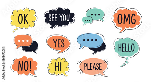 Collection of colorful hand-drawn speech bubbles featuring common phrases like hello hi yes no please and see you soon.