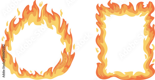 Circular and rectangular fire frame illustration set with burning orange flames for hot deals and intense heat concept