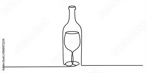 Elegant continuous line drawing of a wine bottle with a wine glass for celebration Vector, illustration