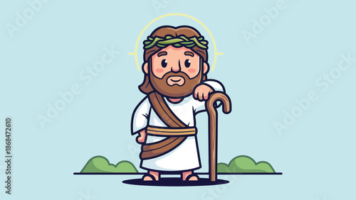 Cartoon of a holy man with a crown of leaves and a shepherd staff
