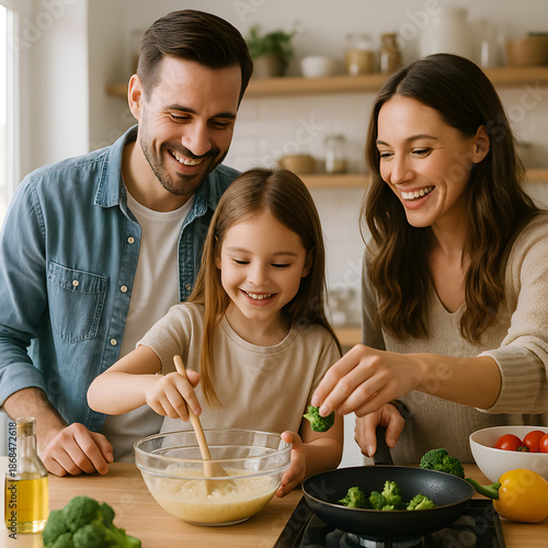Happy family cooking together in kitchen preparing meal with vegetables