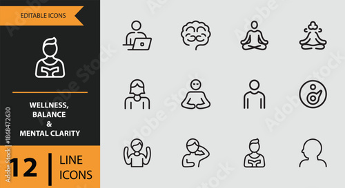Wellness, balance, and mental clarity line icons for a holistic approach to well-being