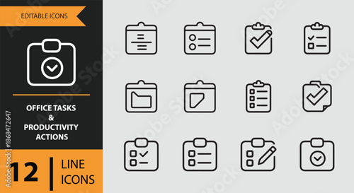 Office tasks and productivity actions line icons vector set for management and workflow