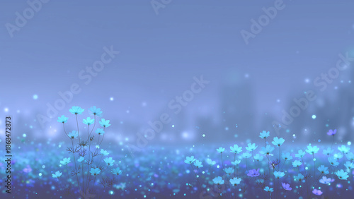 Wallpaper Mural Blue night landscape with glowing flowers and city lights Torontodigital.ca