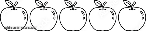 Set of five fresh apple icons in simple black outline style for healthy lifestyle nutrition and fruit branding.