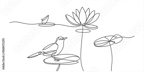 Continuous line art drawing featuring a bird on a lily pad and a blooming lotus flower Vector, illustration
