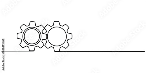 Simple continuous line drawing of two interlocking gears representing connection and mechanism Vector, illustration