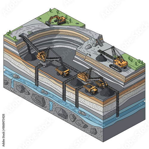 Isometric Cross-Sectional View of an Open-Pit Mining Operation.