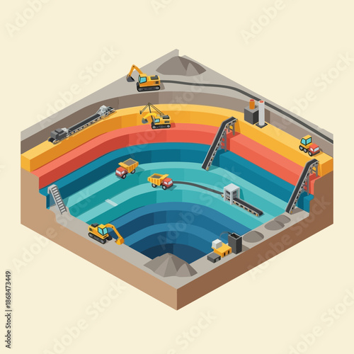Isometric illustration of a large open pit mining operation.