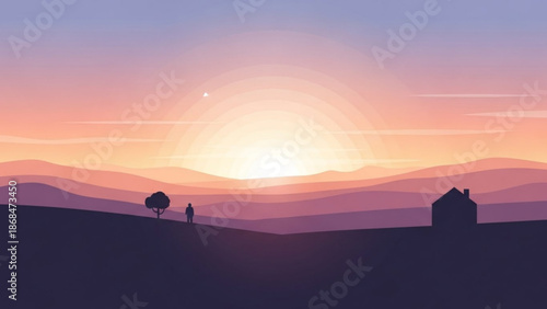 Silhouette of a person standing next to a tree on a hill with a house in the distance at sunset with serenity and peaceful and landscape and nature