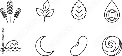 Set of nature and agriculture line icons featuring wheat stalks green leaves water drops and environmental sustainability symbols.