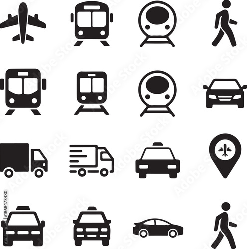 black and white icons of various transportation modes and symbols