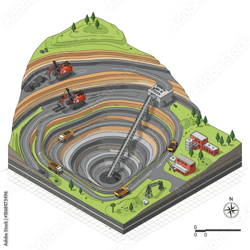 Isometric illustration of a large open-pit mine with heavy machinery.
