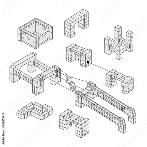 Isometric line drawing of modular geometric construction blocks and components.