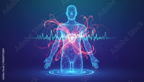 A digital representation of a human figure with protective elements and energy waves, symbolizing health and vitality in a futuristic style.