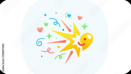 A smiling yellow star with colorful confetti and hearts floating around it in a celebratory festive atmosphere with swirling shapes and symbols