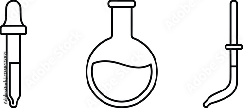 Set of science laboratory icons featuring glass flask and pipettes in black outline style for chemistry and research.