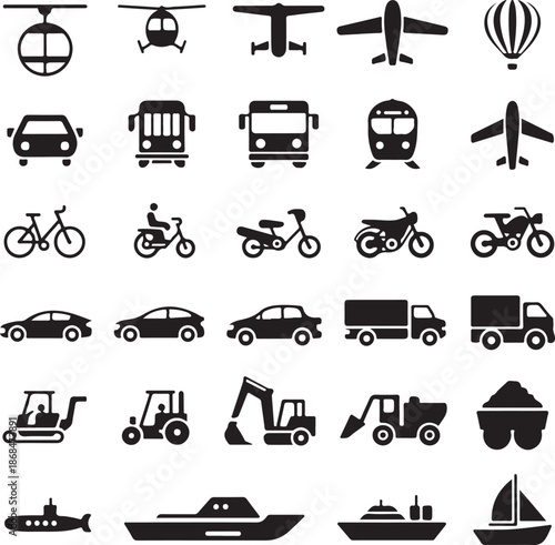 black and white icons of various vehicles and modes of transportation