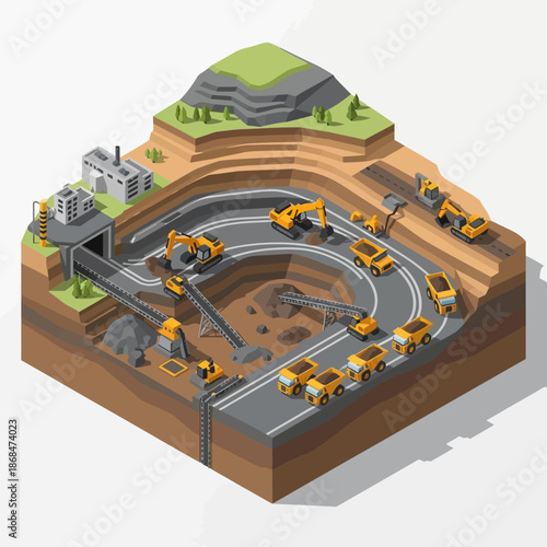 Isometric view of a large open pit mine with heavy machinery and infrastructure.