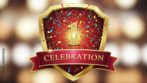 A gold and red shield with a number one and celebration banner with confetti on a blurred background for award or achievement concepts with success