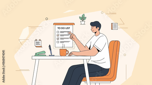 Man checking off task on to-do list, working at desk with laptop and coffee.