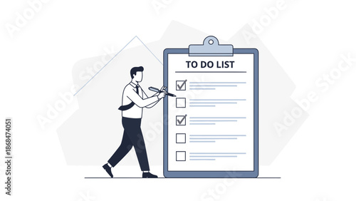 Businessman checking off tasks on a to-do list clipboard, planning and organization concept