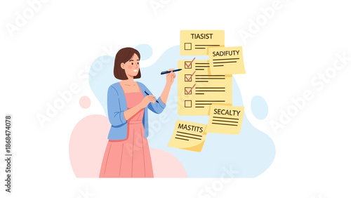 Woman checking off tasks on a large to-do list, planning and organization concept