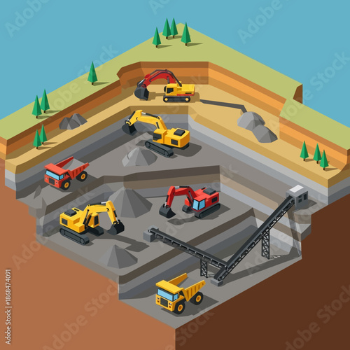 Isometric view of a large open-pit mine with heavy machinery.
