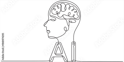 Continuous line drawing of human head with brain connected to ai letters Vector, illustration