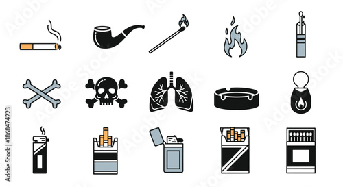 Comprehensive set of icons related to smoking including cigarettes a pipe matches lungs a skull and crossbones and lighters.
