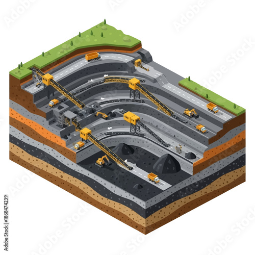 Isometric view of a large open-pit mine with heavy machinery.