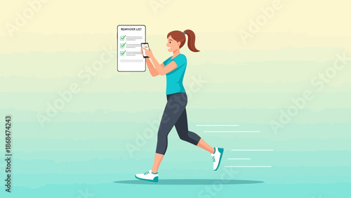 Woman jogging while checking her to-do list on smartphone, fitness tracking