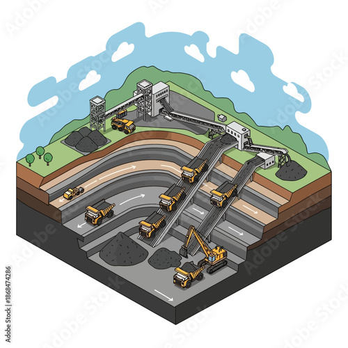 Isometric view of a large-scale open-pit mining operation with heavy machinery.