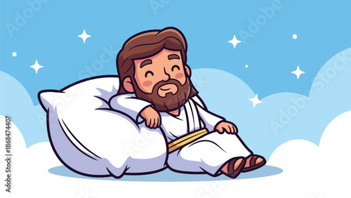 Cartoon vector of a bearded man in white robes resting on a pillow