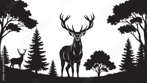 Majestic Deer Stag in Forest Silhouette – Wildlife Nature Vector Illustration.
