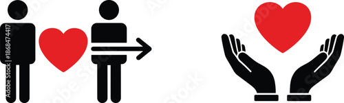Charity and donation icons featuring hands holding a red heart and people sharing love for humanitarian aid concepts.