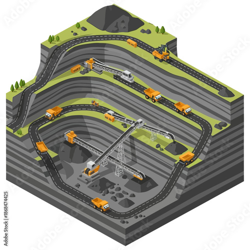Isometric View of an Open Pit Mine with Heavy Machinery and Trucks.