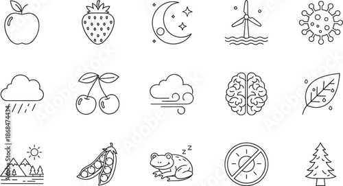 Large collection of nature icons featuring fruits weather elements environmental symbols and biology concepts for ecology and science.