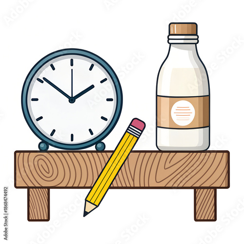 Minimalist Vector Illustration of an Alarm Clock, Milk Bottle, and Pencil on a Wooden Shelf over White Background