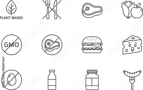 Large set of food and dietary icons featuring plant based organic products meat free options and healthy nutrition symbols.