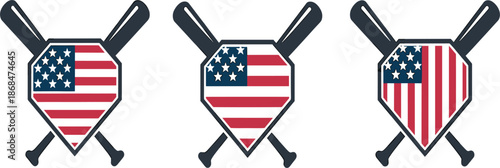 Set of American baseball emblems with crossed bats and USA flag shields for sports patriotic and team spirit concept