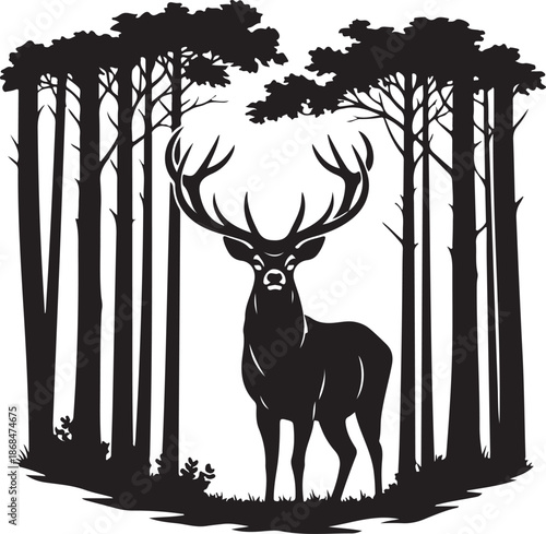 Majestic Deer Stag in Forest Silhouette – Wildlife Nature Vector Illustration.