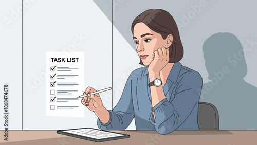 Woman checking tasks on a list and tablet, organized businesswoman planning her day