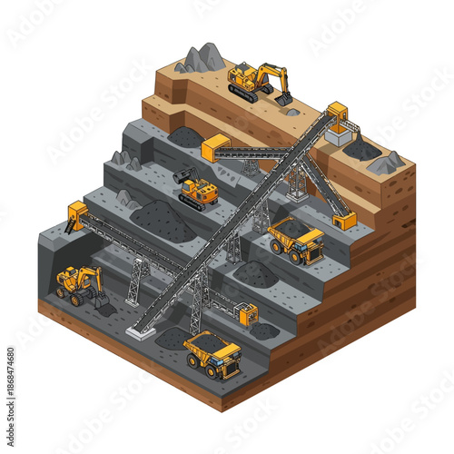 Isometric view of open pit mining operation with heavy machinery.