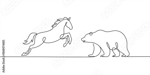 A minimalist continuous line drawing of a horse and a bear symbolizing financial market trends Vector, illustration