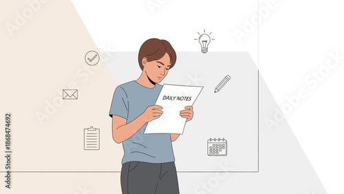 Young man reading daily notes, planning and organization concept, idea generation