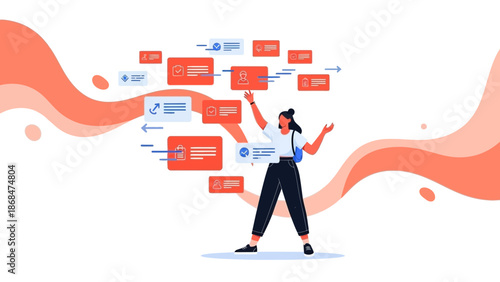 Woman Organizing Digital Information Flow, Workflow Management, Data Visualization